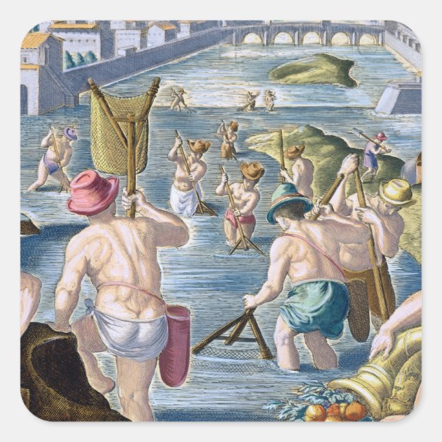 Sticker Carré Pêcher dans les eaux peu profondes en utilisant de (Devant)