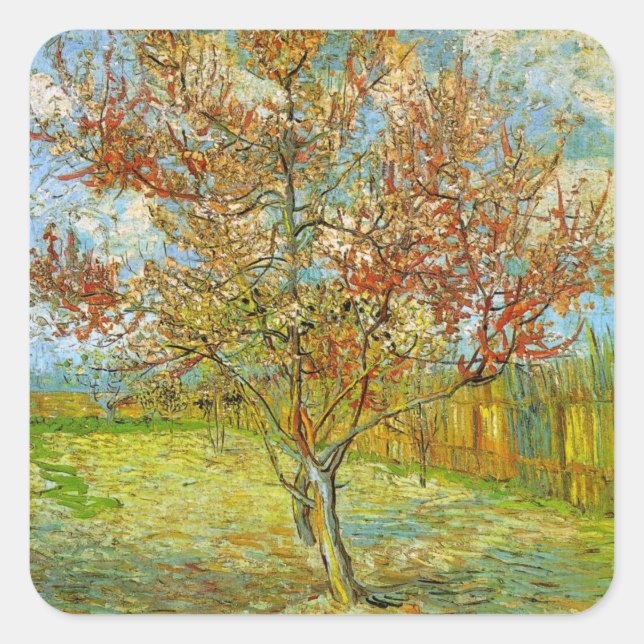 Sticker Carré Pêcher rose en fleurs par Vincent van Gogh (Devant)