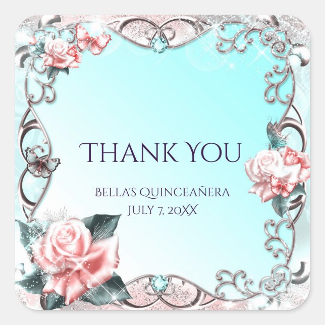 Sticker Carré Pêcher Roses & papillons Fête Anniversaire Favoris (Devant)