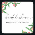 Sticker Carré Pêches - Douche nuptiale<br><div class="desc">Douche nuptiale à thème aux fruits d'aquarelle illustrant l'aquarelle des pêches sur une branche d'arbre. Élégante écriture calligraphique,  parfaite pour les mariages du printemps,  de l'été ou de l'automne. Éléments correspondants disponibles.</div>