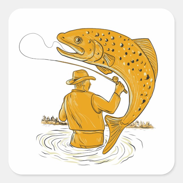 Sticker Carré Pêcheur de vol Reeling Trout (Devant)
