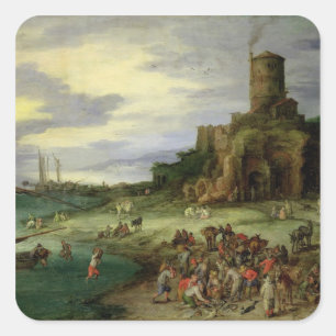 Sticker Carré Pêcheurs sur le rivage