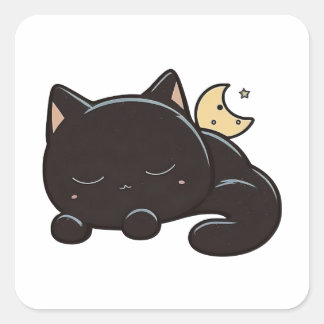 Sticker Carré Pegatina con Gato Negro Dormido Kawaii