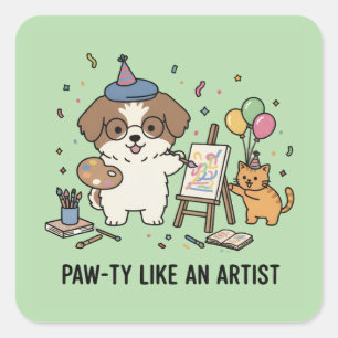 Sticker Carré Peintre Beagle Festif et Compagnon de Chat Art