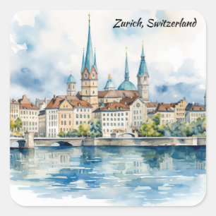 Sticker Carré Peinture à l'aquarelle de Zurich Suisse
