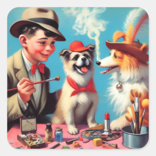Sticker Carré Peinture à l'huile rétro Chiens heureux