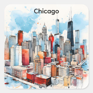 Sticker Carré Peinture aquarelle de la skyline de Chicago paysag