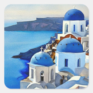 Sticker Carré Peinture aquarelle de Santorin Grèce