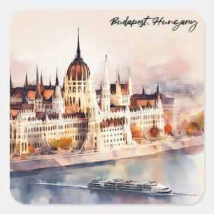 Sticker Carré Peinture aquarelle panoramique de Budapest Hongrie