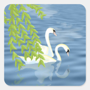 Sticker Carré Peinture Couple bleu et vert de cygnes sur le lac
