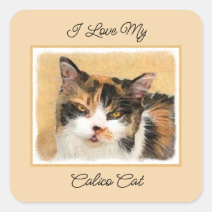 Sticker Carré Peinture de chat Calico - Cute Original Cat Art