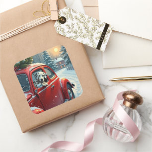 Sticker Carré Peinture de Noël : Trajet en voiture enneigée avec
