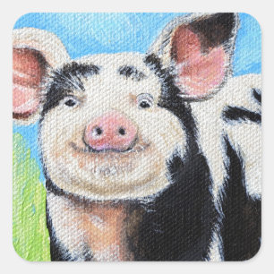 Sticker Carré Peinture de petit cochon heureux