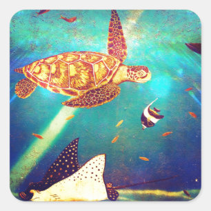 Sticker Carré Peinture de tortue de mer colorée de l'océan bleu