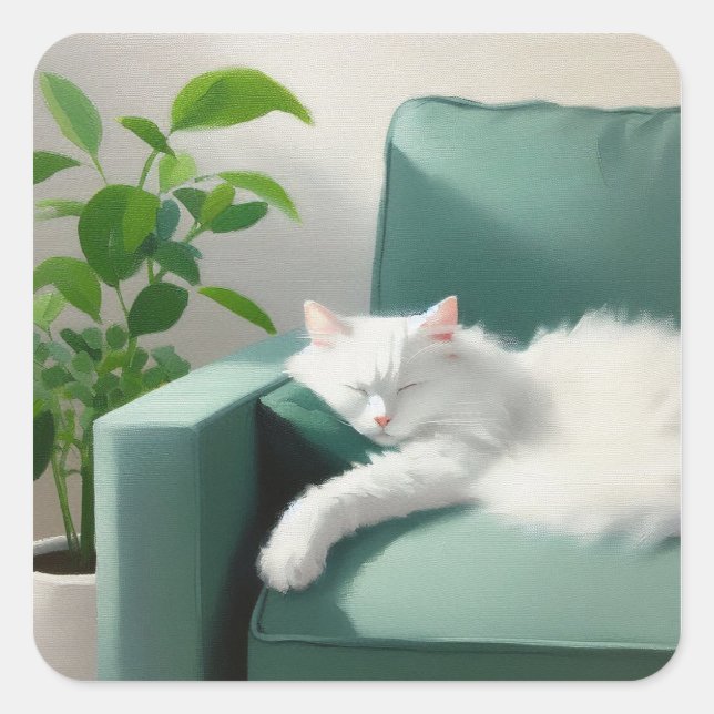Sticker Carré Peinture d'un chat couché sur un canapé vert (Devant)