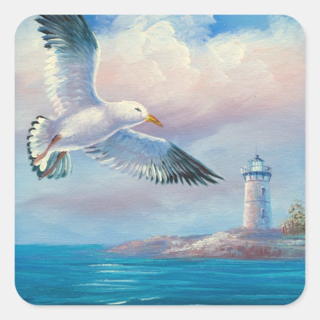 Sticker Carré Peinture D'Une Mouette Volant Près D'Un Phare (Devant)