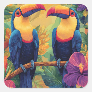 Sticker Carré Peinture ToucanOiseaux tropicaux au paradis