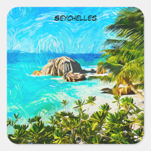 Sticker Carré Peinture tropicale aux Seychelles – Île vibrante