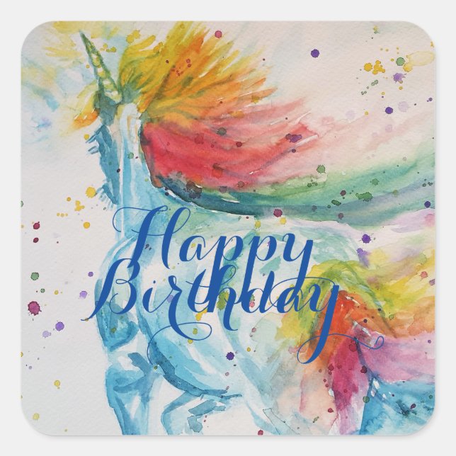 Sticker Carré Peinture Unicorne Joyeuse aquarelle d'anniversaire (Devant)