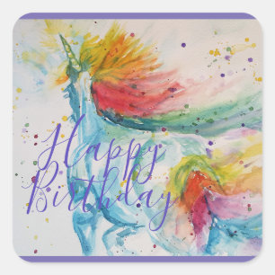 Sticker Carré Peinture Unicorne Joyeuse aquarelle d'anniversaire