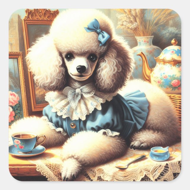 Sticker Carré Peinture vintage de caniche (Devant)