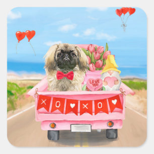 Sticker Carré Pekingese Chien Saint Valentin Coeurs de Camion
