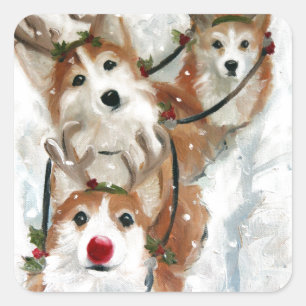 Sticker Carré pembroke welsh Corgi Christmas Reindeer