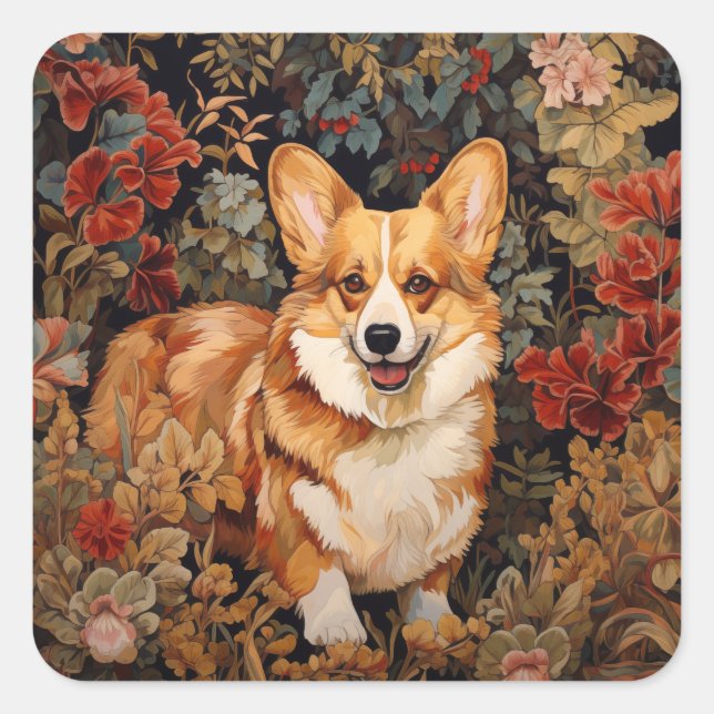 Sticker Carré Pembroke Welsh Corgi dans un jardin de fleurs vict (Devant)