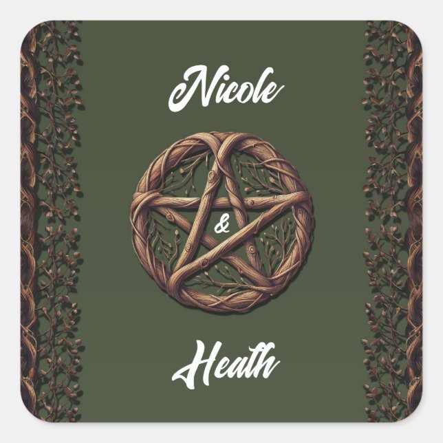 Sticker Carré Pentacle de brindille de bois vert olive mariage w (Devant)