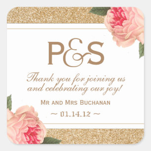 Sticker Carré Peonie de corail et Parties scintillant d'or Favor