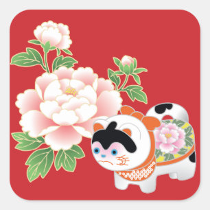 Sticker Carré Peonies & Chiens Lion Japonais Kimono Motif
