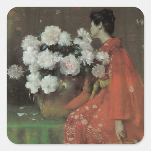 Sticker Carré Peonies de William Merritt Chase, Art Vintage