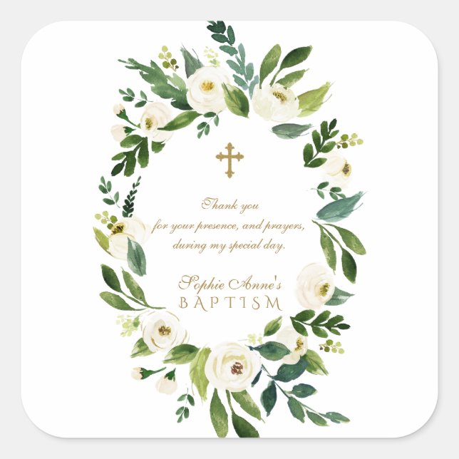 Sticker Carré Peonies florales blanches modernes Wreath Baptême (Devant)