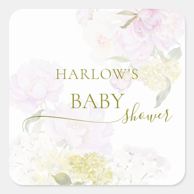 Sticker Carré Peonies Hydrangea Pastel Baby shower d'aquarelle (Devant)