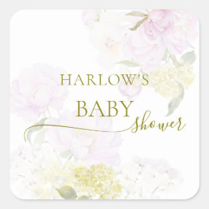 Sticker Carré Peonies Hydrangea Pastel Baby shower d'aquarelle