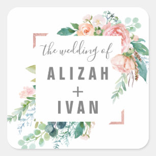 Sticker Carré Peonies romantiques Mariage Enveloppe Phoques