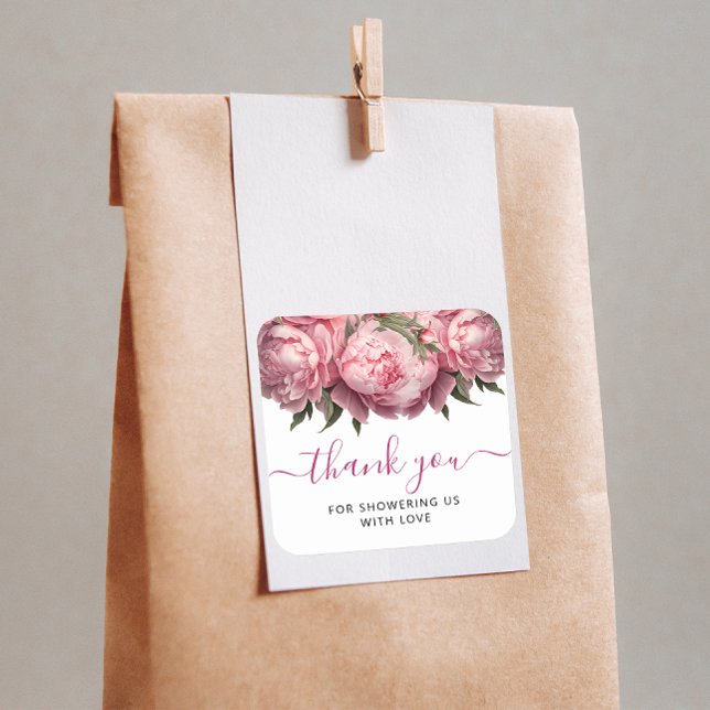 Sticker Carré Peonies roses Aquarelle Baby shower Merci (Pink Peonies Watercolor Baby Shower Thank You Square Sticker)