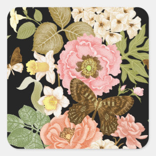 Sticker Carré Peonies Roses vintages : Motif Floral Noir
