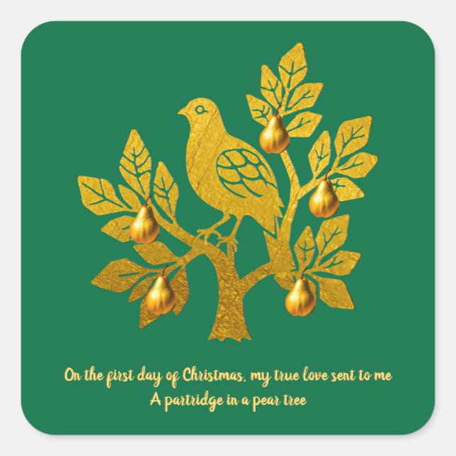 Sticker Carré Perdrix dans un arbre de Noël émeraude vert (Devant)