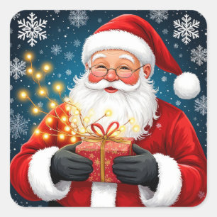 Sticker Carré Père Noël à côté de l'arbre de Noël et des cadeaux