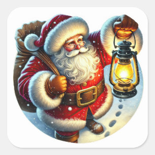 Sticker Carré Père Noël à travers la neige la nuit