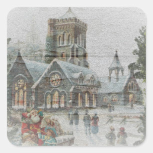 Sticker Carré Père Noël ancienne avec enfants devant une église