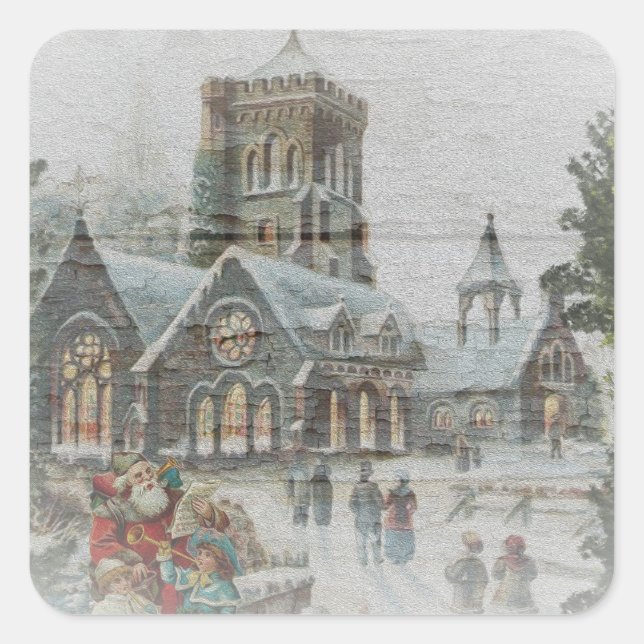 Sticker Carré Père Noël ancienne avec enfants devant une église (Devant)