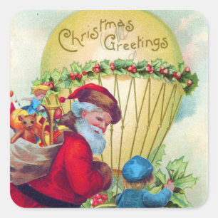 STICKER CARRÉ PÈRE NOËL AVEC ENFANT, BALLON DE NOËL, HOLLYBERRIE