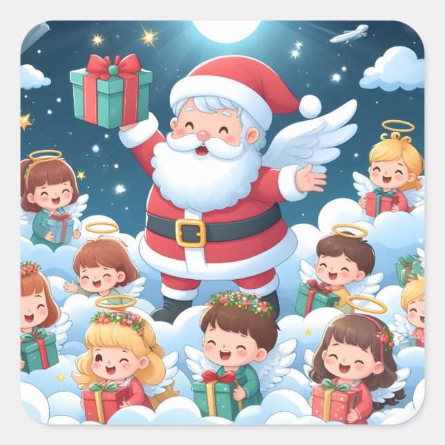 Sticker Carré Père Noël avec enfants (Devant)