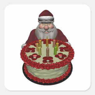 Sticker Carré Père Noël Avec Gâteau D'Anniversaire