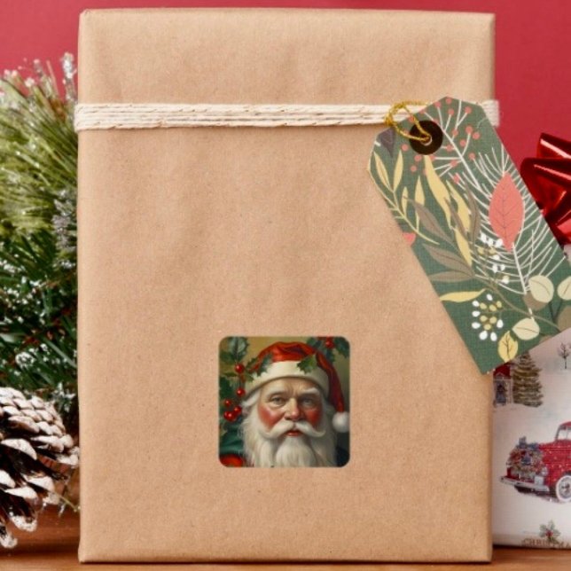 Sticker Carré Père Noël avec gui (Sticker sheet, 6 different sizes. Matte, glossy or glossy transparent finish. 
)