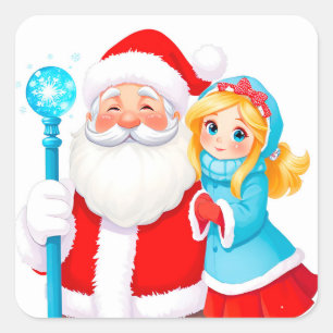 Sticker Carré Père Noël avec la jeune fille des neiges en tenue