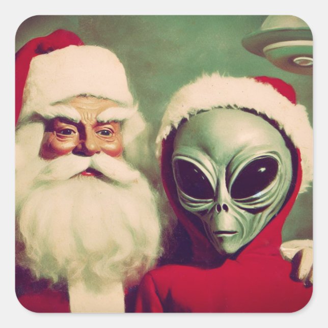 Sticker Carré Père Noël avec l'Alien de l'espace Noël OVNI (Devant)