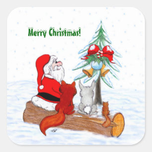 Sticker Carré Père Noël avec Renard de lapin et écureuil